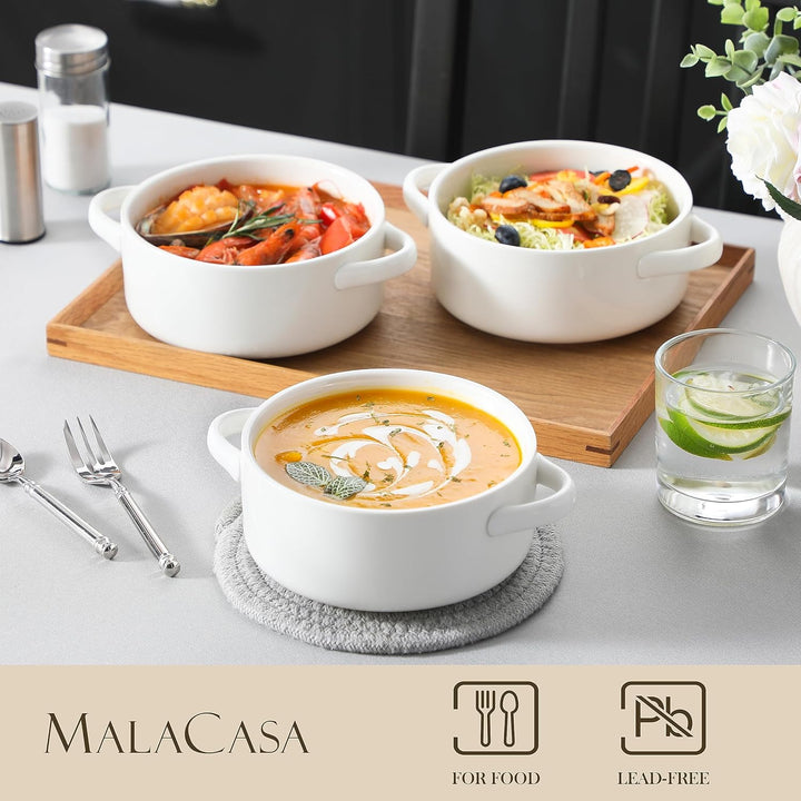 MALACASA Suppenschalen mit Griffen, 800 ML Porzellan Suppenschalen Set von 4, Elfenbein weiss servie