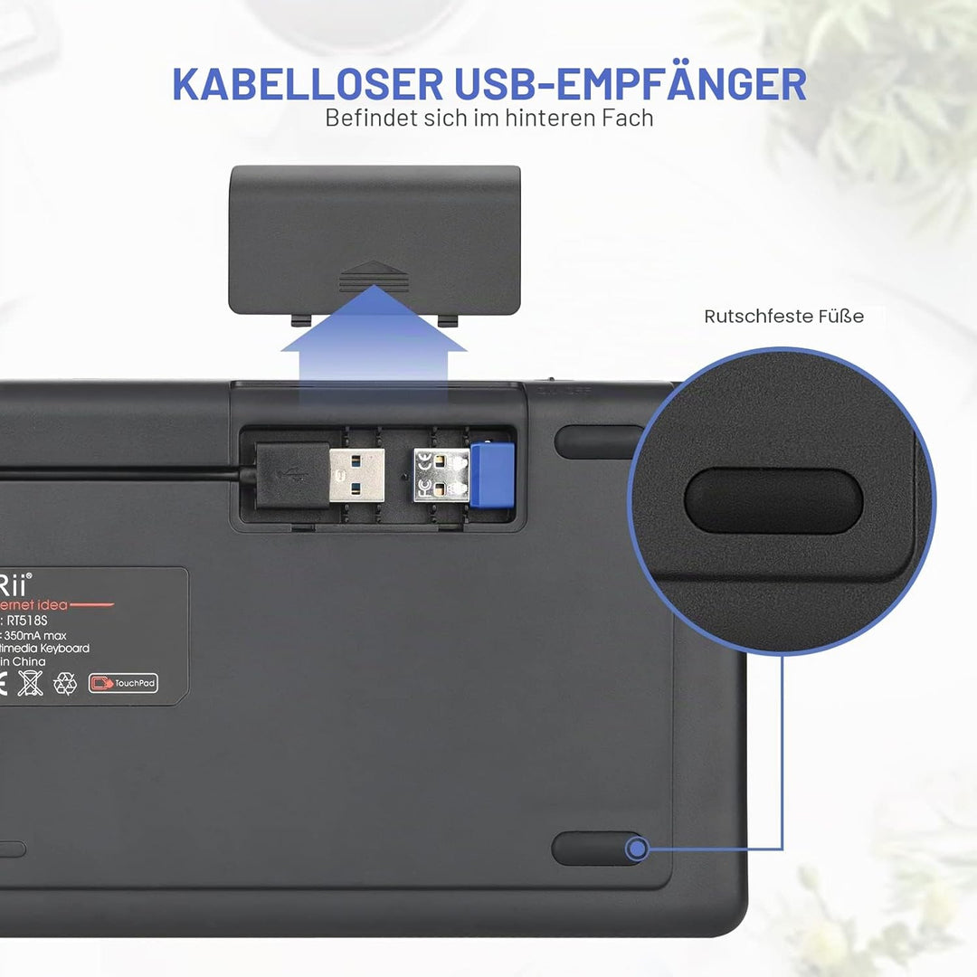 Rii Mini i18S Wireless + Bluetooth Kompakte Tastatur mit grosser Maus Touchpad und LED-Hintergrundbe
