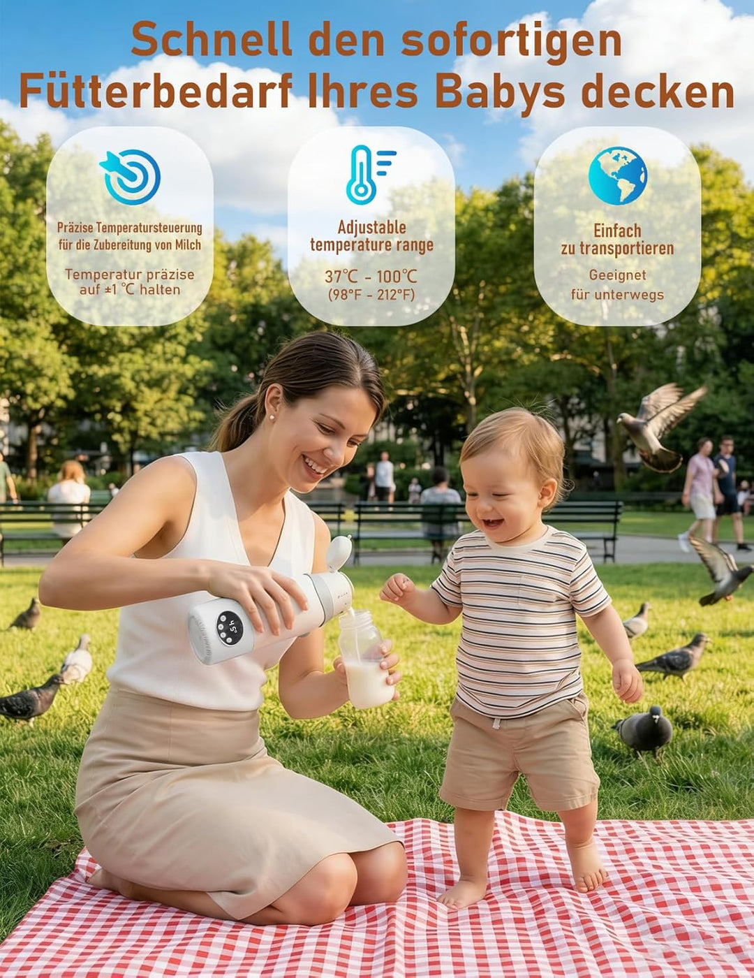 Tragbarer Flaschenwärmer für Baby unterwegs, 500ml Babyflaschenwärmer, 320W Schnellwärmung，unterstüt