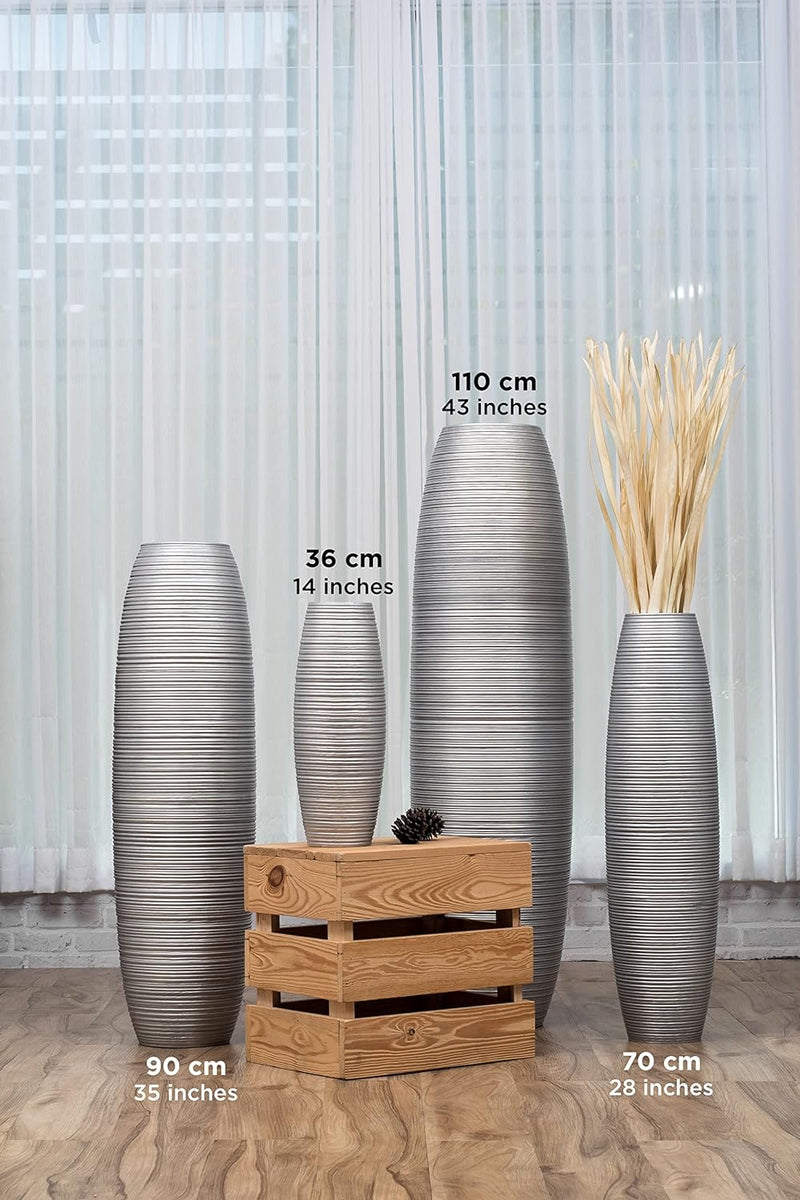 Leewadee Grosse Bodenvase für Dekozweige hohe Standvase Design Holzvase, Holz, 70 cm, Silber 70 cm S