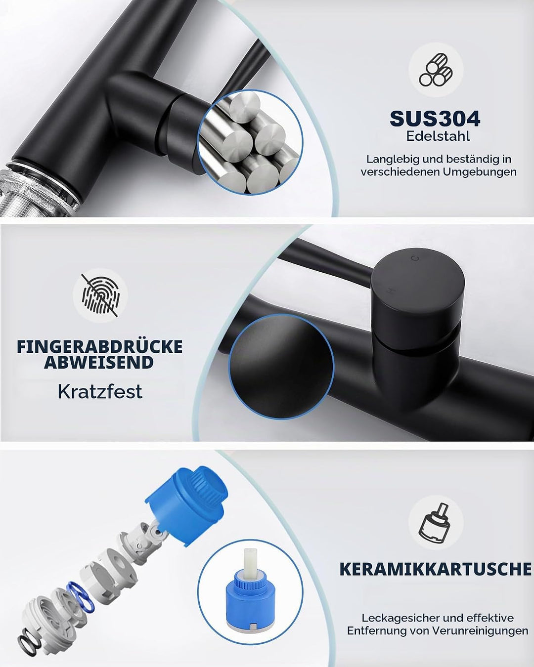 Wasserhahn Küche Schwarz, Hochdruck Küchenarmatur Ausziehbar, 360° Schwenkbar Armatur Küche Mischbat