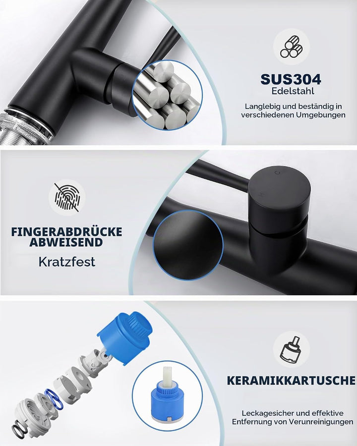 Wasserhahn Küche Schwarz, Hochdruck Küchenarmatur Ausziehbar, 360° Schwenkbar Armatur Küche Mischbat