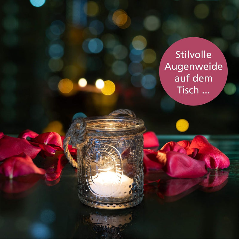 WeddingTree 12 x Windlicht Glas mit Bügel und Dekoband weiss - Teelichtgläser - Einfach Abnehmbarer