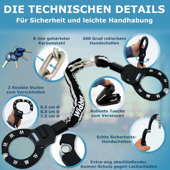 WIDDER Sicheres Handschellenschloss [80cm lang, 4 Schlüssel, 8mm Massiv Stahl] E Scooter Schloss mit