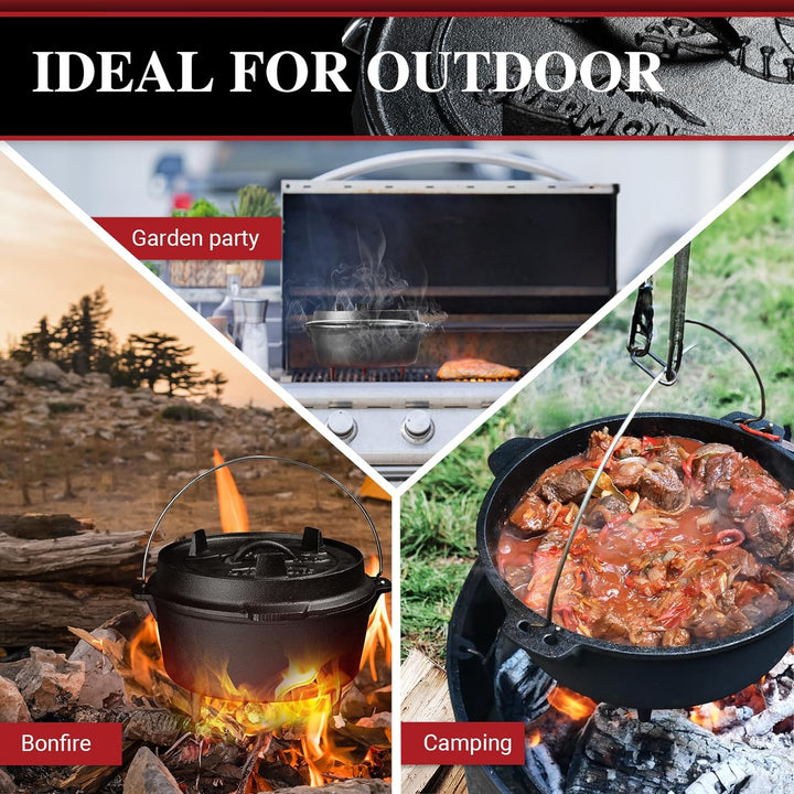 Overmont Dutch Oven Feuertopf Eingebrannter Gusseisen Kochtopf mit Füssen Doppelfunktion Deckel Deck