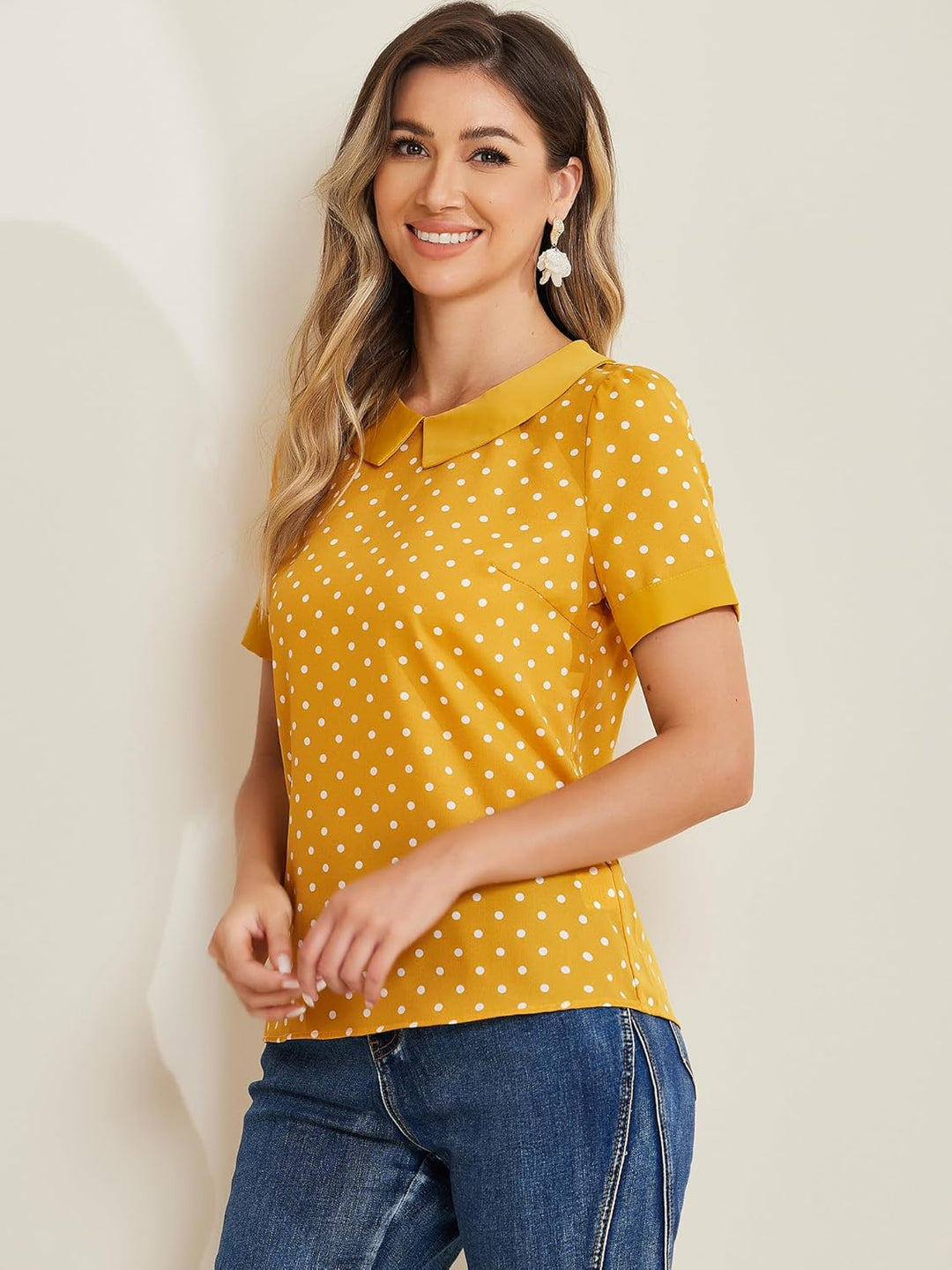Allegra K Damen Kurzarm Bubikragen Punkte Oberteil Vintage Polka Dots Elegant Top Bluse XS Gelb, XS