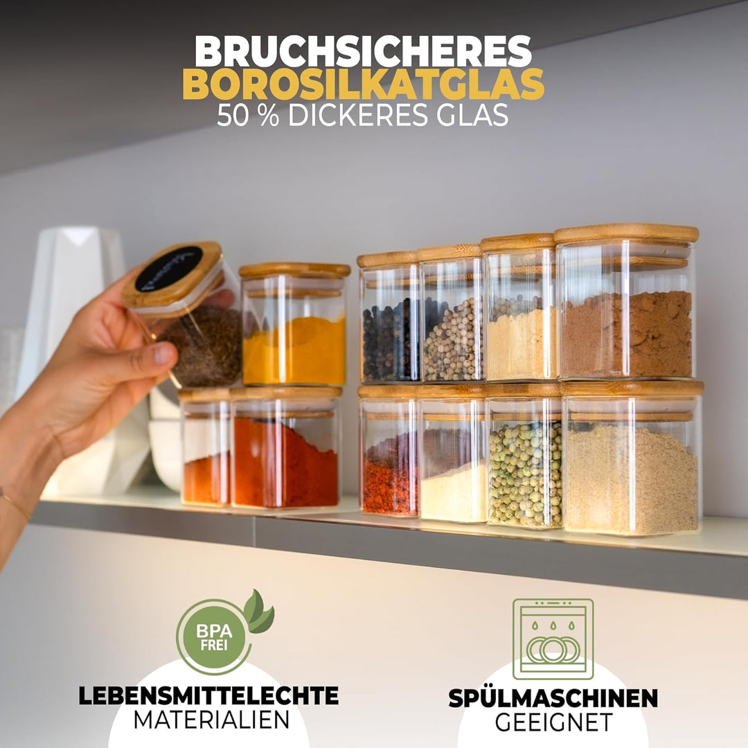 CLIDOR ® - Gewürzgläser Eckig - 12 x 160 ML ( innovative 3mm Glasdicke ) luftdichte Gewürzdosen - st