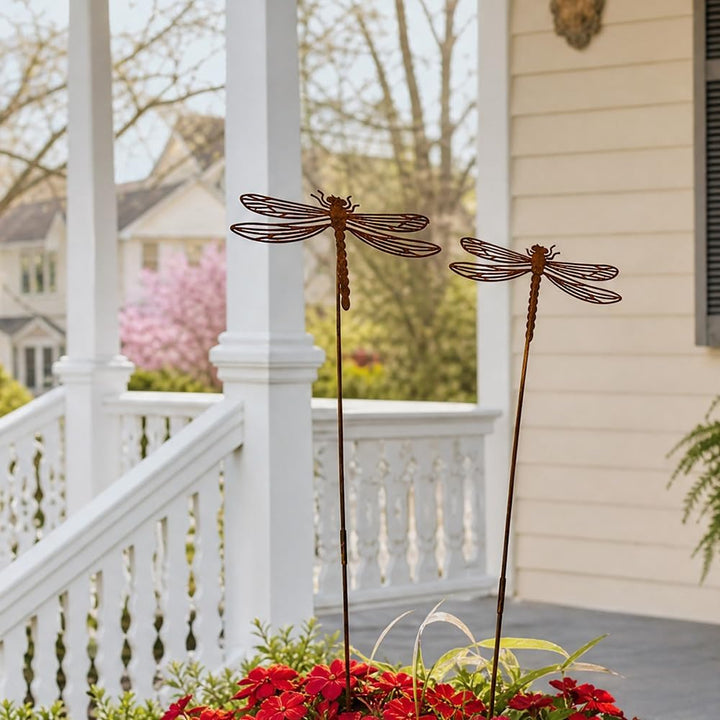 2er Set Gartenstecker Rost Libellen, Gartenstecker Metall, Gartendeko Rost für Draussen, Edelrost Ga