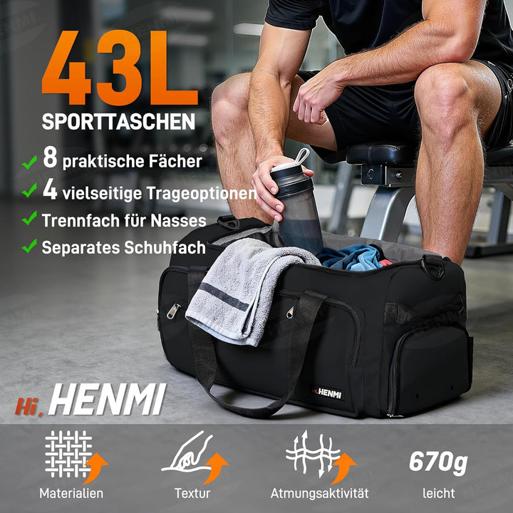 HENMI Sporttasche &amp; Reisetasche für Herren und Damen, 43L Gross gymbag mit Schuhfach und Nassfach, F