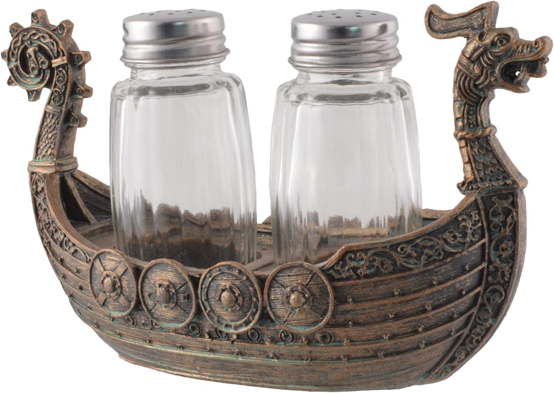 Nordischer Salz- u. Pfefferstreuer "Drakar" - Wikinger Schiff mit Glasstreuern