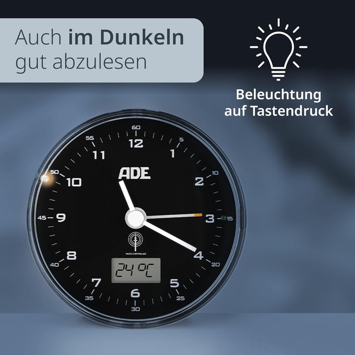 ADE Funk wecker analog ohne Ticken | Uhr mit Temperaturanzeige und Kalender | lautloser analoger Wec