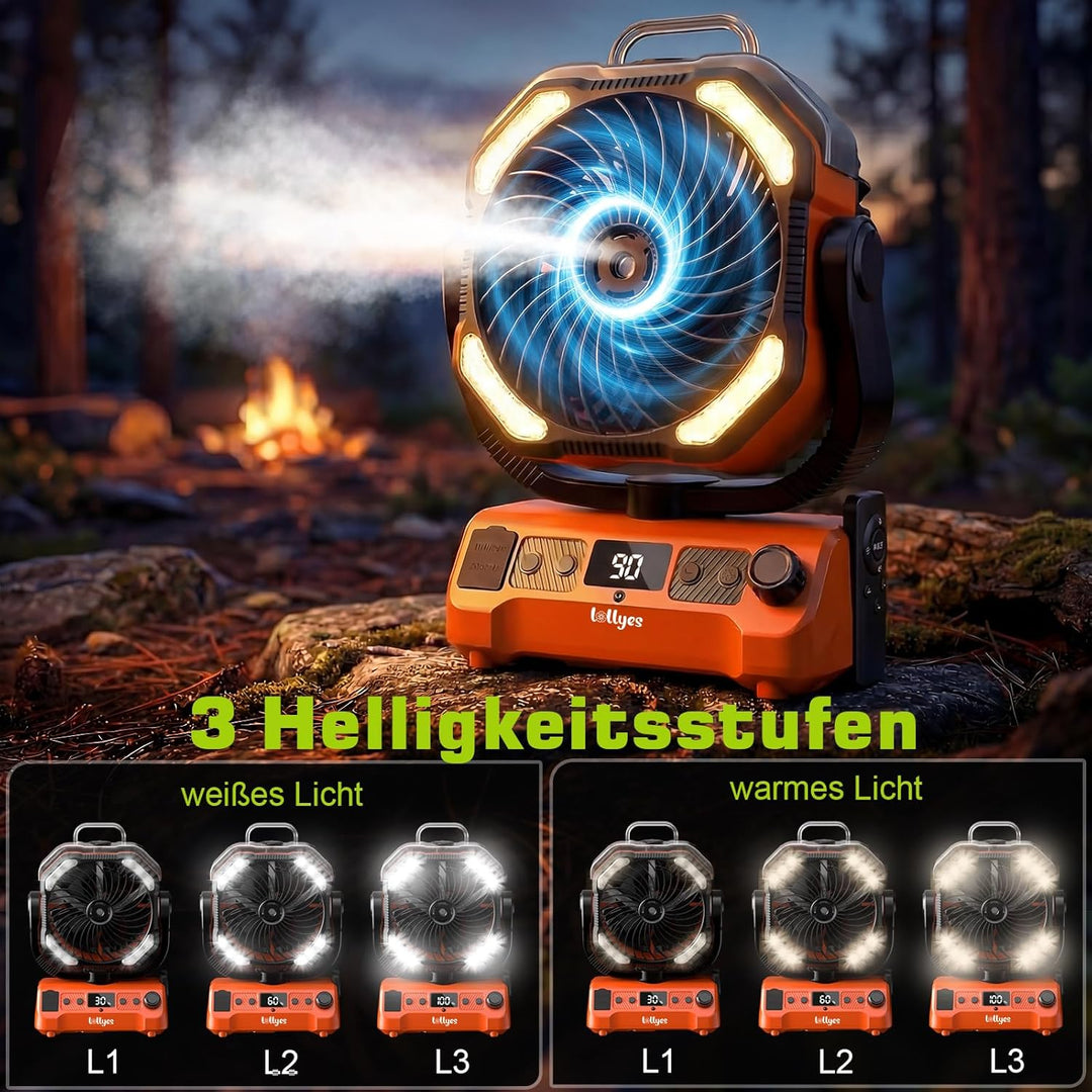20000mAh Camping Ventilator Akku mit Licht, 0-100 Stufen Regelbar Outdoor Ventilator mit Sprühfunkti