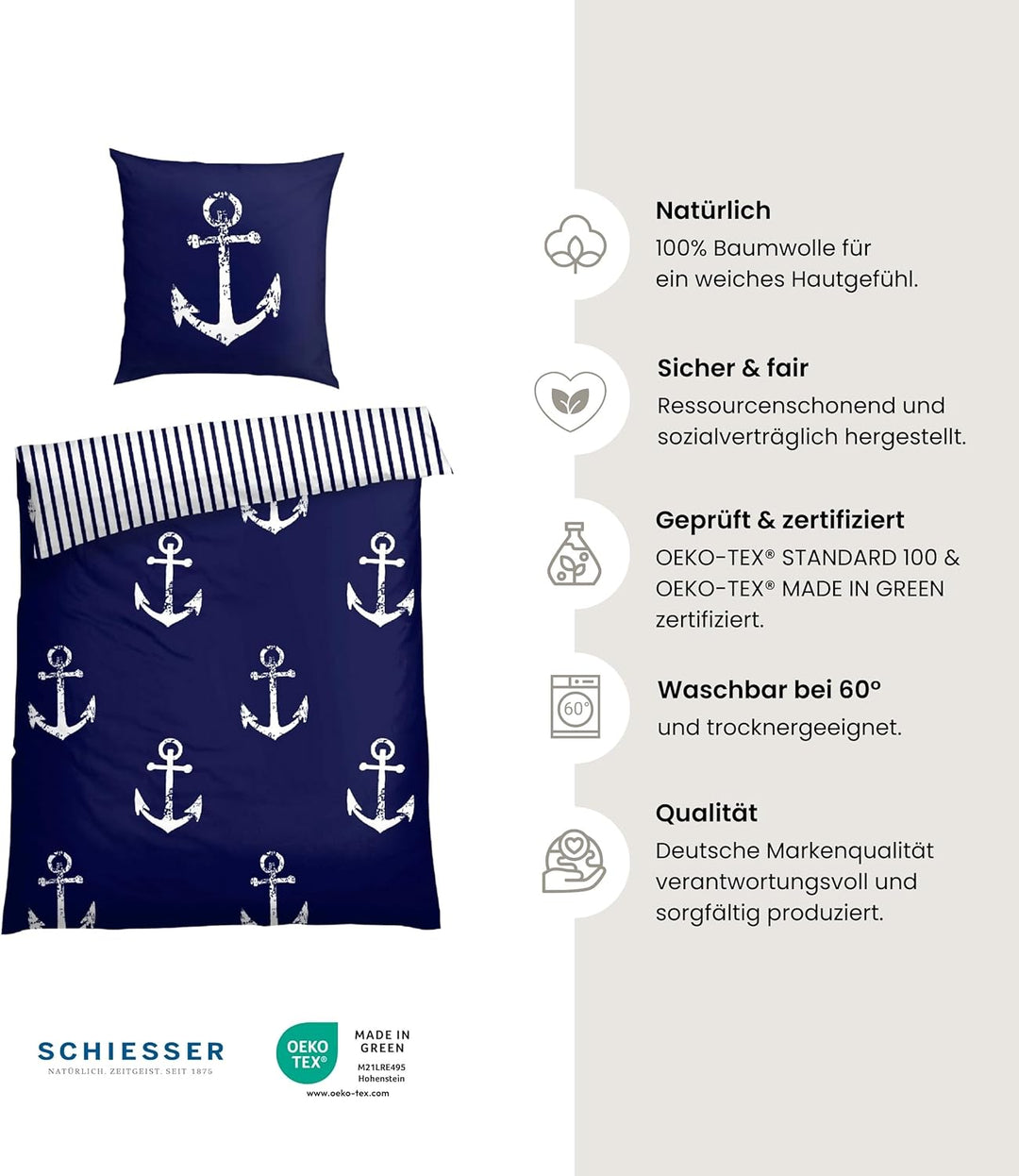 Schiesser Wende-Bettwäsche-Set Marina aus weicher Baumwolle in maritimem Look, Farbe:Marine und Weis