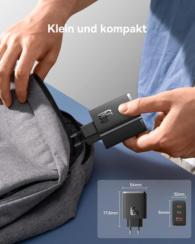 Baseus USB C Ladegerät, 65W USB C Netzteil 3-Port PD Ladegerät mit PPS, GaN Schnellladegerät kompati