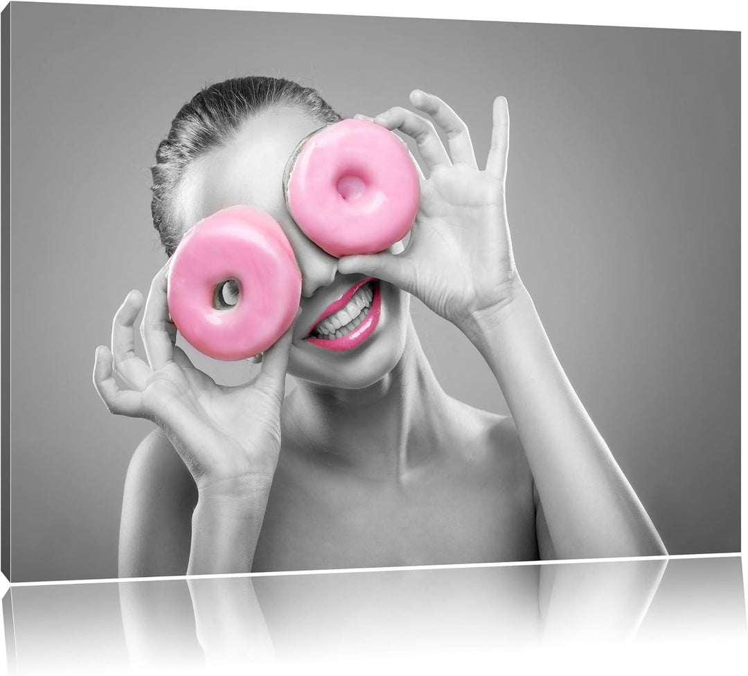 lustige Frau mit rosa Donut Augen schwarz/weiss Format: 100x70 auf Leinwand, XXL riesige Bilder fert