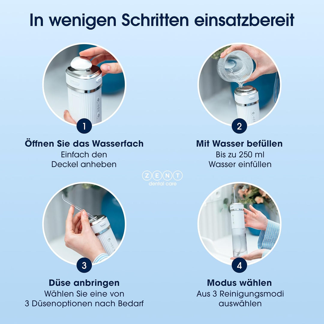ZENT Munddusche kabellos, Water flosser für Reise, Erweiterte 360°-Rotationstechnologie, 3 Spezielle