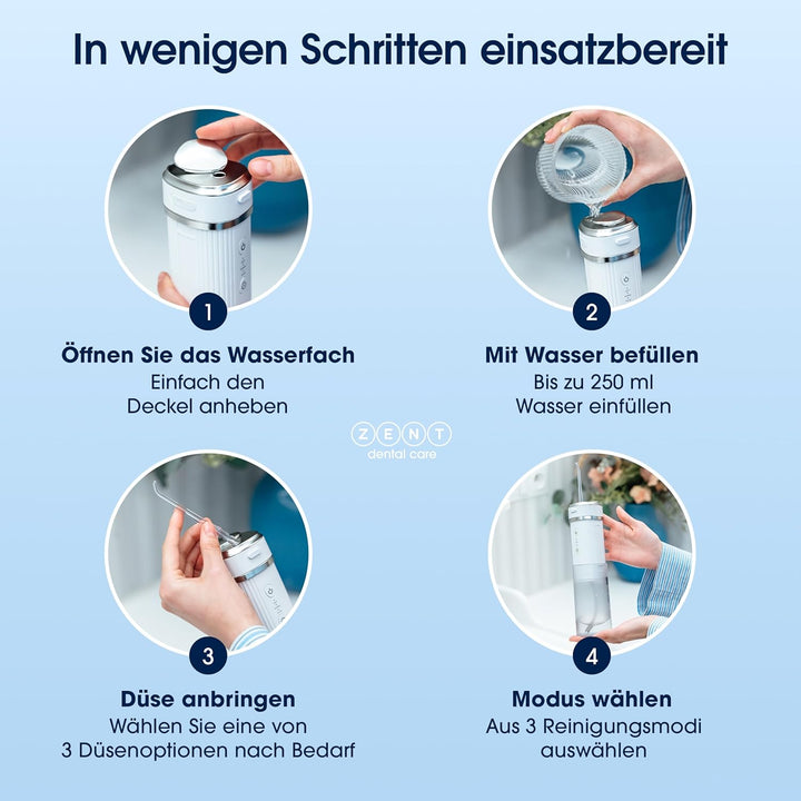 ZENT Munddusche kabellos, Water flosser für Reise, Erweiterte 360°-Rotationstechnologie, 3 Spezielle