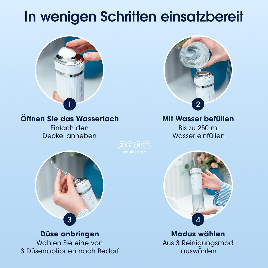 ZENT Stream+ Munddusche kabellos, Water flosser für Reise, Erweiterte 360°-Rotationstechnologie, 3 S