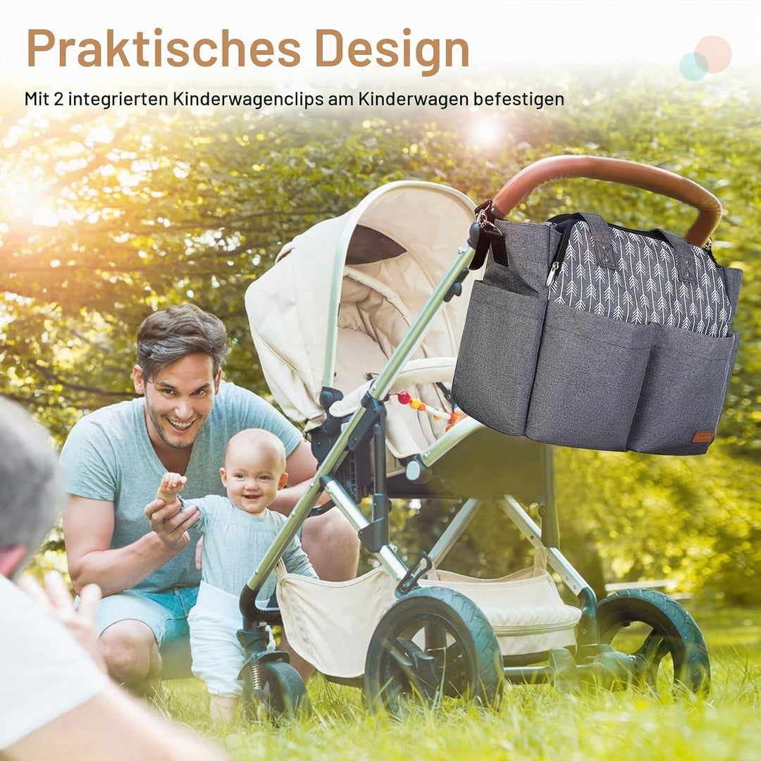 Lekebaby Baby Wickeltasche Bote gross mit Wickelunterlage für Reise, Grau, Grau