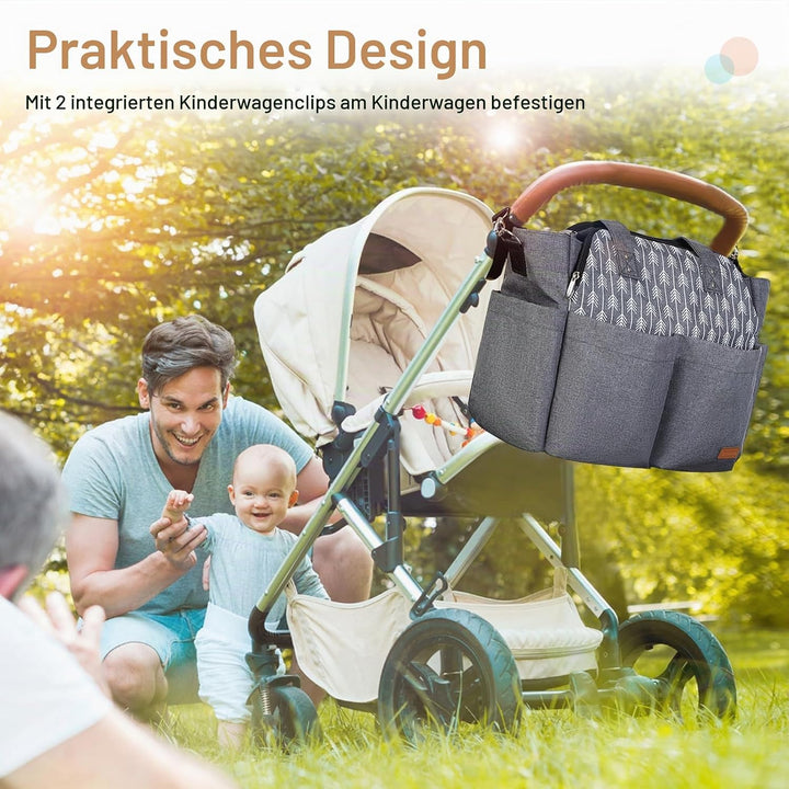 Lekebaby Baby Wickeltasche Bote gross mit Wickelunterlage für Reise, Grau, Grau