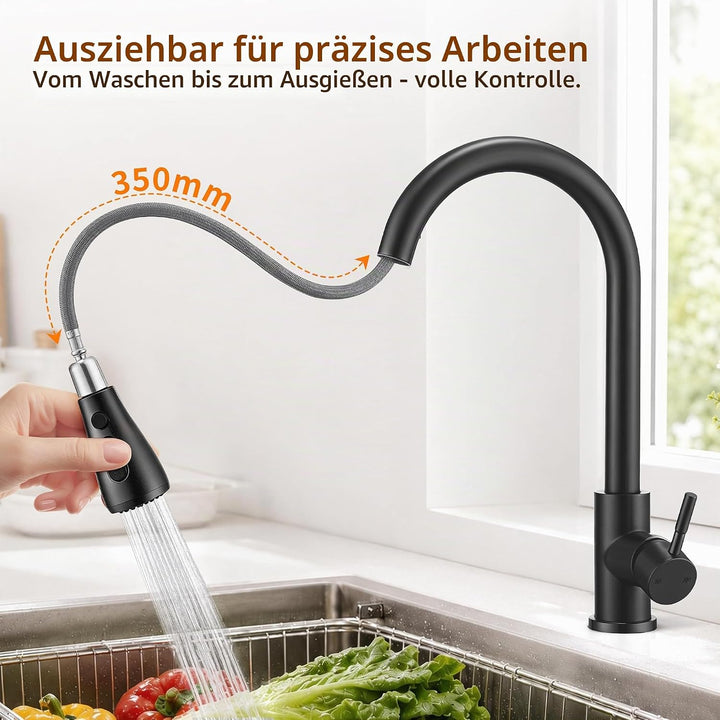 HOMELODY Küchenarmatur Schwarz mit Ausziehbrause, 360° drehbar Wasserhahn Küche Matt Schwarz, Einheb