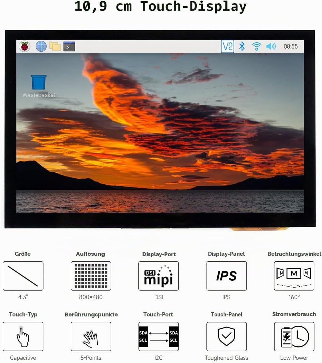 Waveshare 4.3inch LCD Capacitive Touch Display for Raspberry Pi 4B/3B+/3A+/3B/2B/B+/A+ 800×480 IPS W