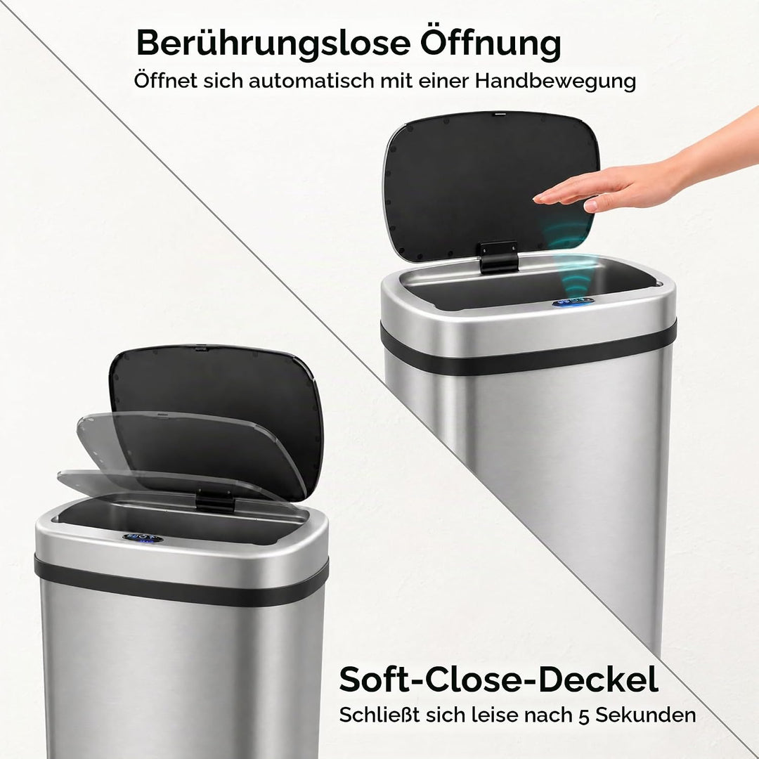 Five Stars® Abfalleimer mit Sensor - 60 Liter - Abfallbehälter aus Edelstahl - Mülleimer - Soft-clos
