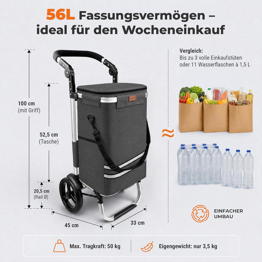 Allyson Rechteckiger Einkaufswagen - Ergonomischer, Klappbarer Shopping Trolley mit 56L Wasserdichte