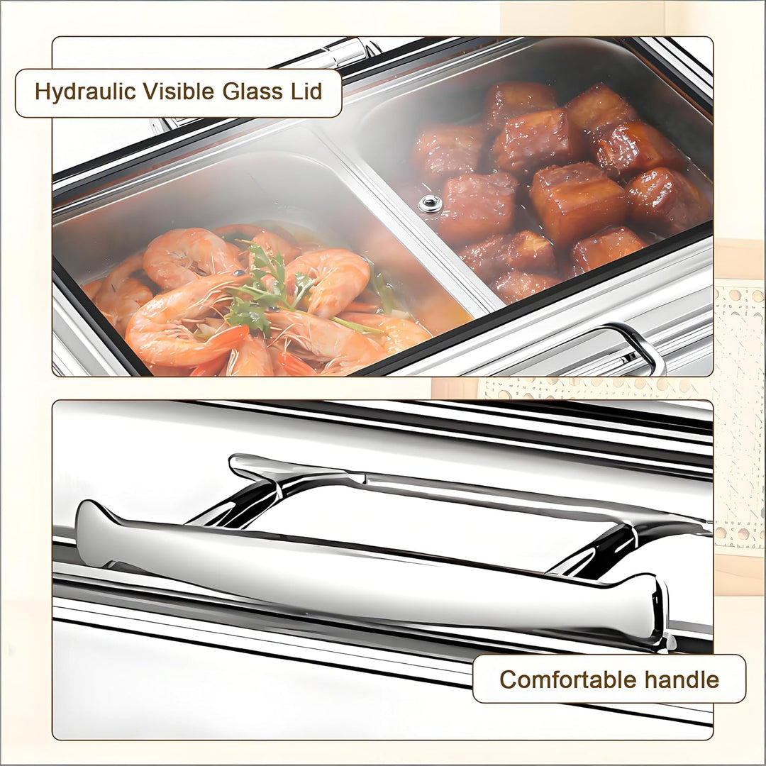 Elektrischer Chafing Dish Glasdeckel, 9L Edelstahl Speisewärmer Buffetwärmer Elektrisch Einstellbare