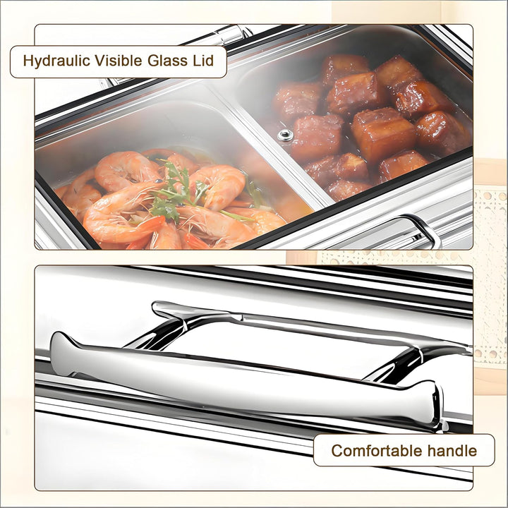 Elektrischer Chafing Dish Glasdeckel, 9L Edelstahl Speisewärmer Buffetwärmer Elektrisch Einstellbare