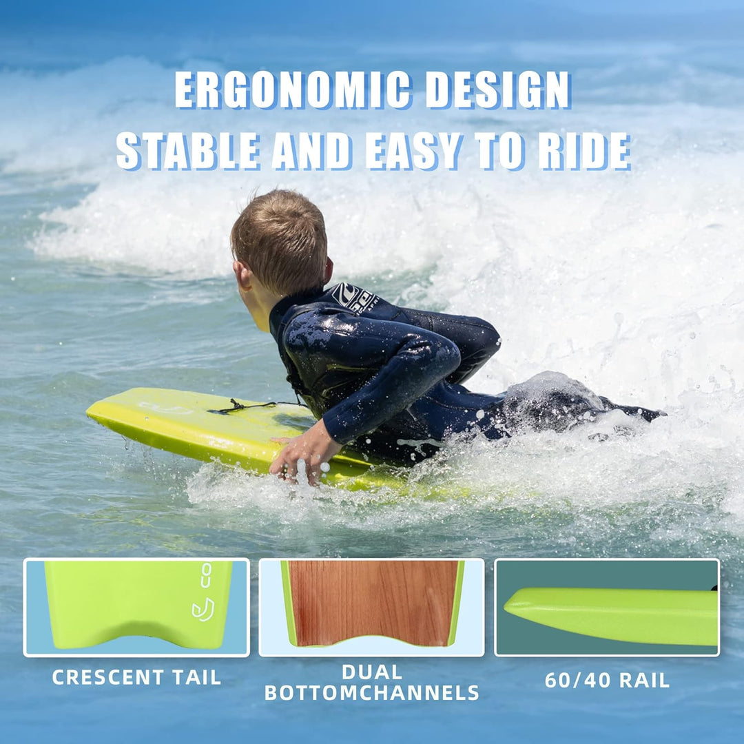 Body Boards for Beach Lightweight Durable Body Board with EPS Core Dual Channel Double Swivel Coiled