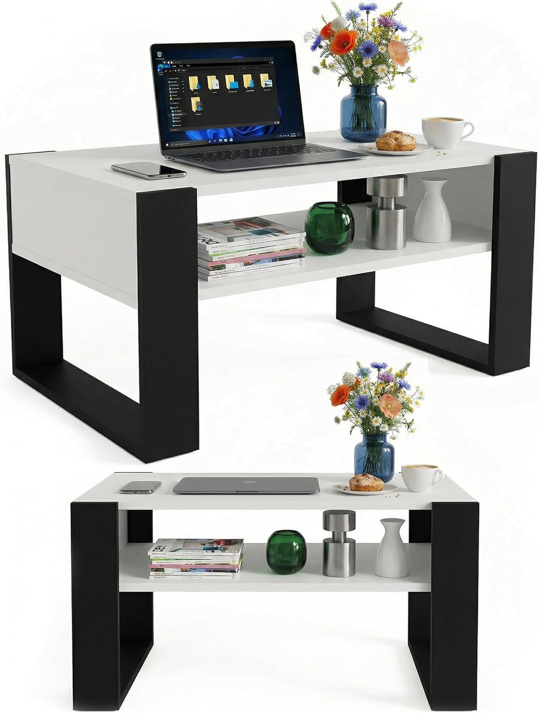 Wohnzimmer Tisch für Couch aus hochwertigem Holz, moderner Couchtisch mit zusätzlicher Ablagefläche,