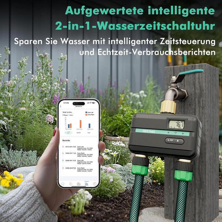 RESTMO Bewässerungscomputer 2 Ausgänge, Bluetooth Bewässerungstimer | App-Steuerung, 3 Modi (auto/ma