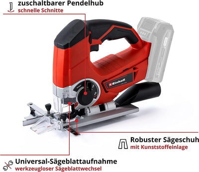 Einhell TE-JS 18 Li-Solo Akku-Stichsäge, 18 V Systemakku (2400 1/min Hubz., 80mm max. Schnittt., Sta