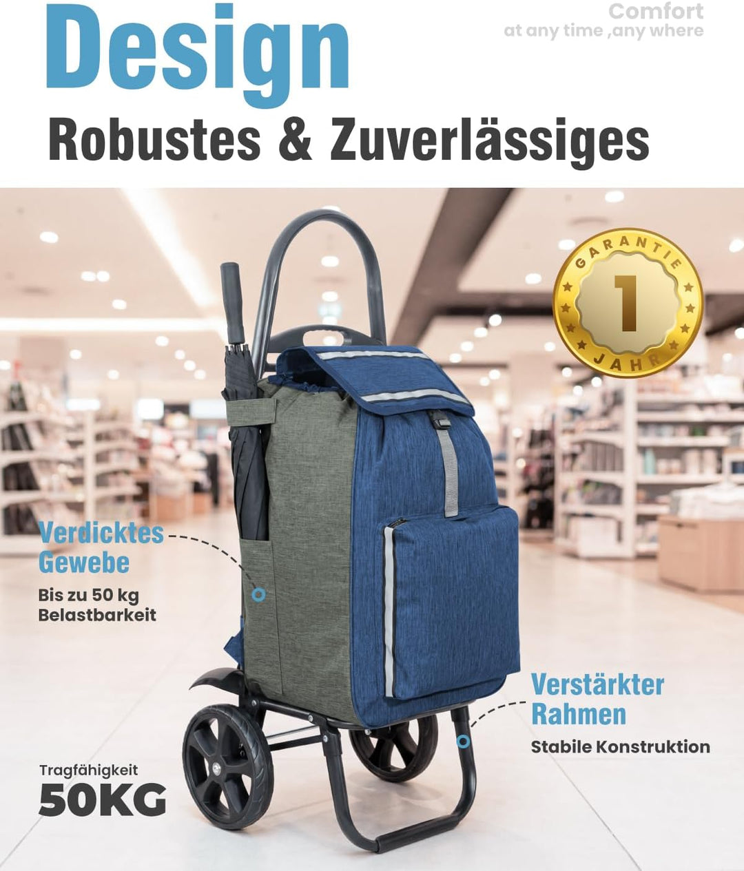 Homecall Einkaufstrolley Klappbar Einkaufswagen mit 50L + 5L kühlfunktion Bis 50KG, Einkaufstasche m
