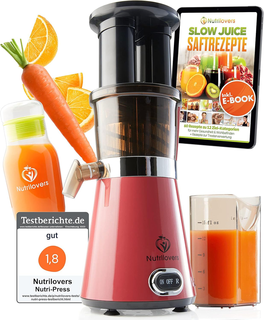 NUTRI-PRESS Slow Juicer Obst & Gemüse Entsafter Saftpresse elektrisch, 2 Einfüllöffnungen, Sehr Leis