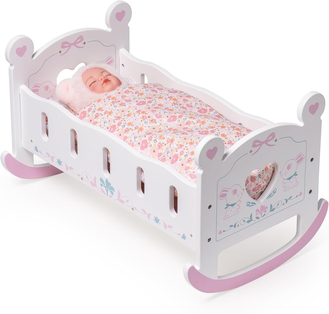 ROBUD Holz Baby Puppe Krippe Baby Puppe Bett Spielzeug für Puppen bis 18 Zoll Puppen Zubehör - mit P