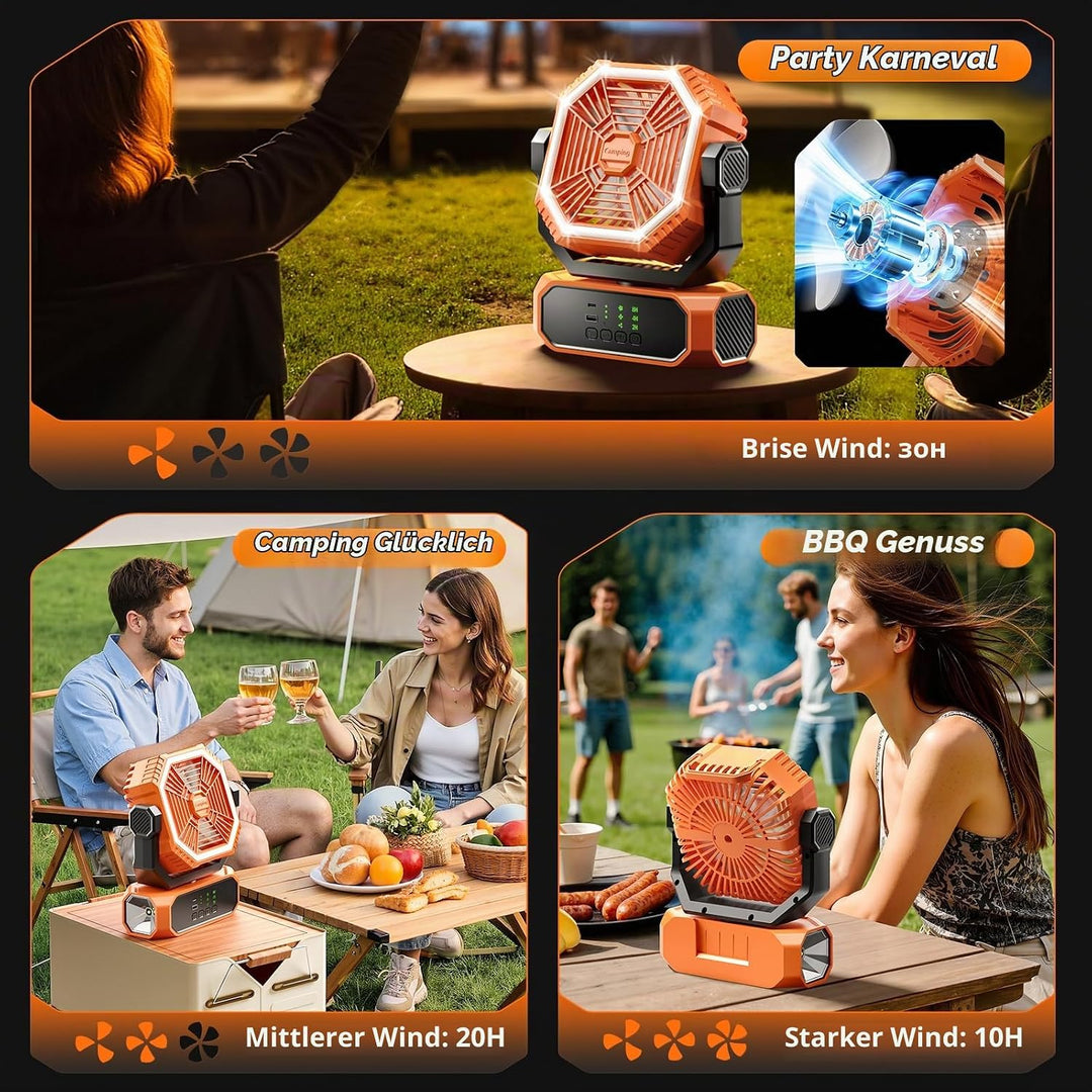 Tragbarer Campingventilator mit Licht, Camping Ventilator mit Fernbedienung, Timer, 3 Geschwindigkei