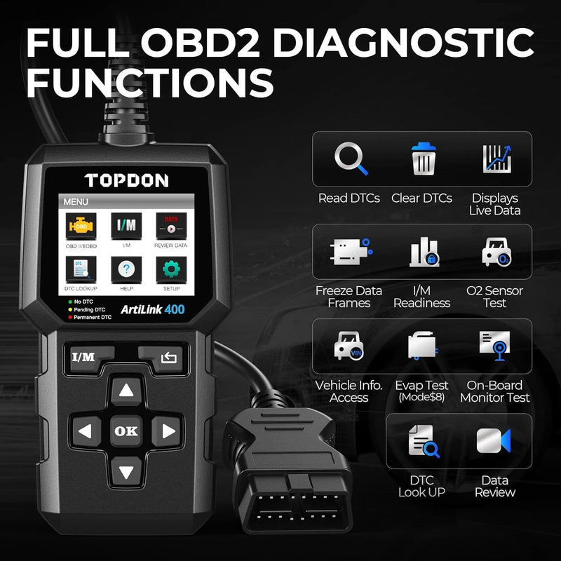 TOPDON AL400 OBD2 Diagnosegerät, 10 OBD2-Funktionen, Motorkontrollleuchte, Smog-Emissionstest, O2-Se