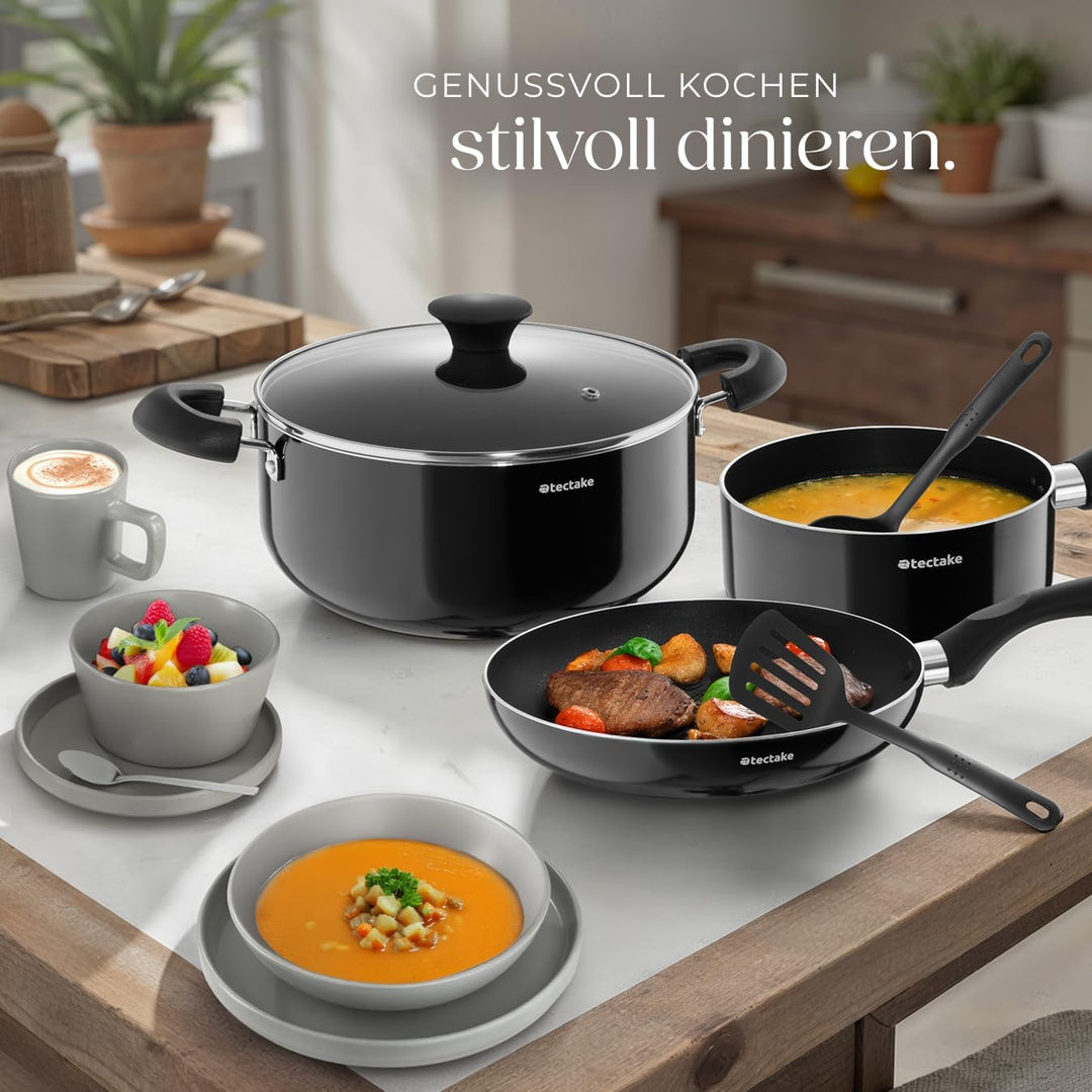 tectake® Küchenstarterset 6 Personen, Steingut Geschirr Set, Teller, 4 Töpfe 2 Pfannen rostfreies Al