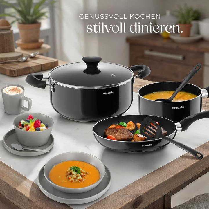 tectake® Küchenstarterset 6 Personen, Steingut Geschirr Set, Teller, 4 Töpfe 2 Pfannen rostfreies Al