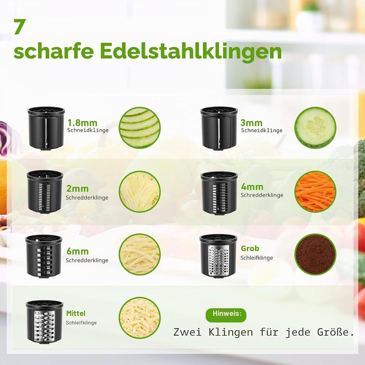 Gemüseschneider Elektrisch 250W, Gemüsehobel Elektrisch mit 7 Edelstahlklingen, Elektrische Reibe mi