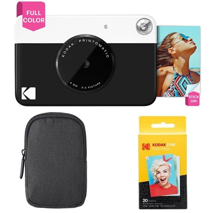 KODAK Printomatic Sofortbildkamera (Schwarz) Basis-Paket + Zinkpapier (20 Blätter) Etui + Bequemer H