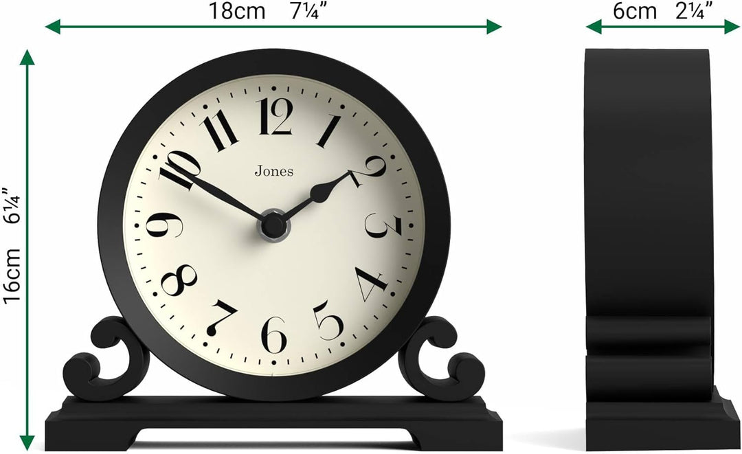 JONES CLOCKS® Saloon Tischuhr I Traditionelles DoppelIscrollIDesign I Schwarz I Zeitgenössischer kla