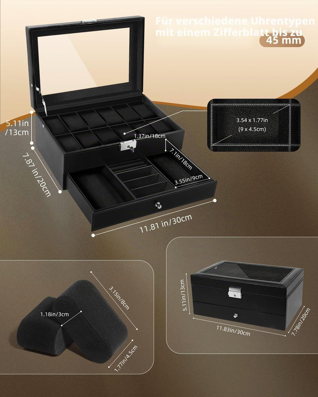 Uten Uhrenbox, 12 Fächern und 1 Schublade mit Schlüsselschloss, Glasdeckel, Schwarzes PU, Schwarzes