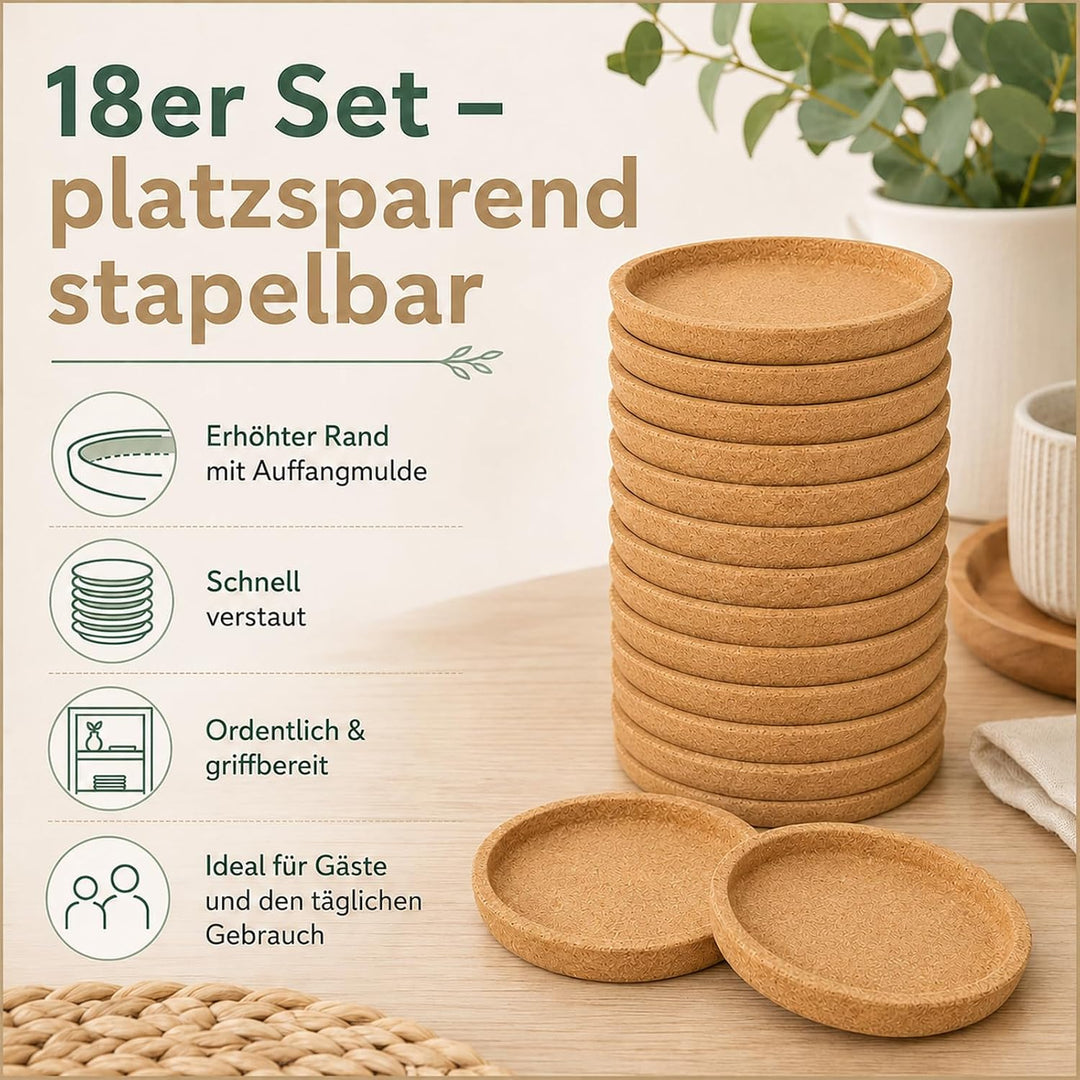 Kork 18 Stück Korkuntersetzer Rund mit Rand, 10 cm für Tassen &amp; Gläser