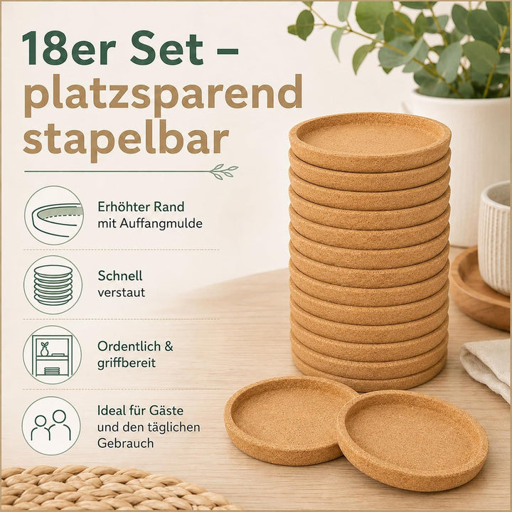 Kork 18 Stück Korkuntersetzer Rund mit Rand, 10 cm für Tassen &amp; Gläser