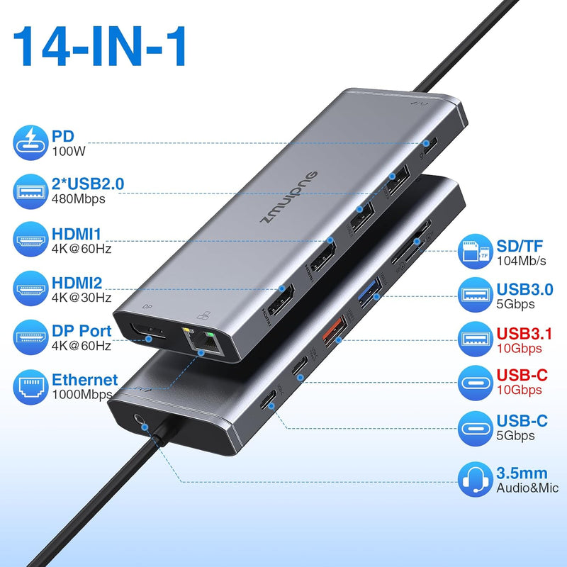 USB C Docking Station Dual HDMI,Triple Display USB C Hub,14 in 1 Laptop 10Gbps Dockingstation mit 2*