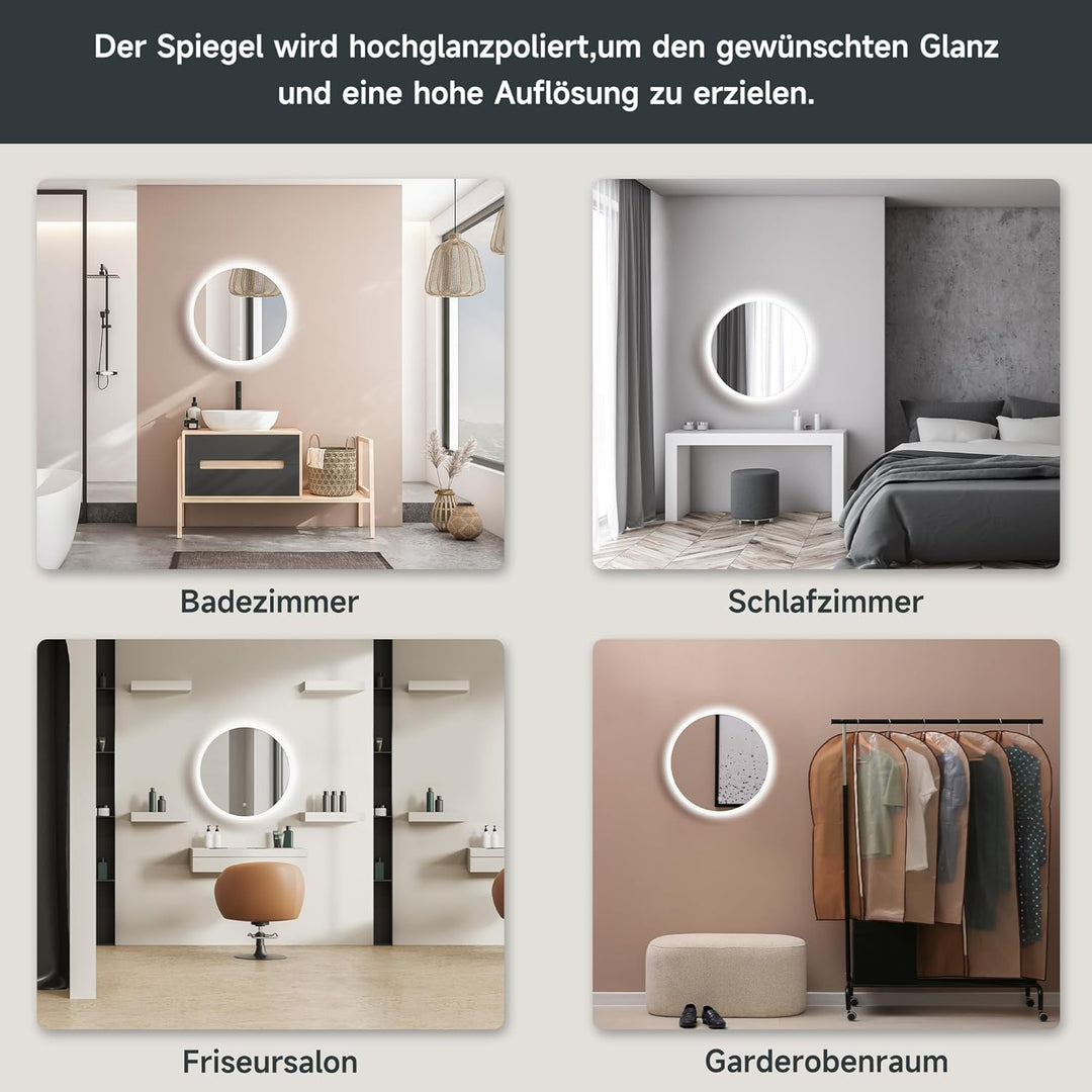 SONNI LED Badspiegel Rund 60cm – Wandspiegel mit Beleuchtung, 3 Farbtemperaturen, Dimmbar, Anti-Besc