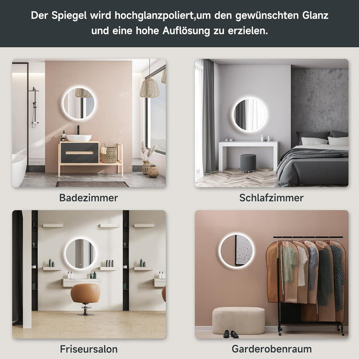 SONNI LED Badspiegel Rund 60cm – Wandspiegel mit Beleuchtung, 3 Farbtemperaturen, Dimmbar, Anti-Besc